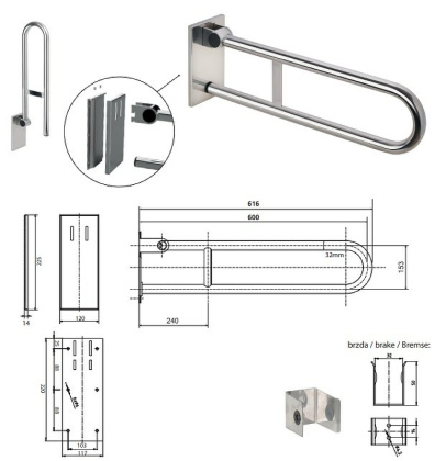 Съемный откидной поручень 600 мм, мат, с крышкой Съемный откидной поручень 600 мм, мат, с крышкой