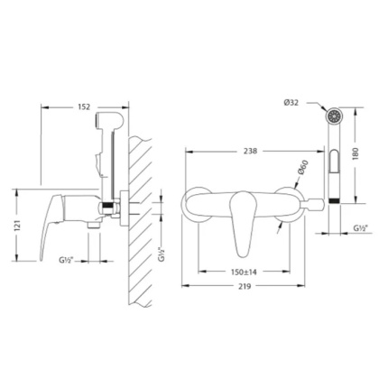 Смеситель настенный с гигиеническим душем, латунь/хром Смеситель настенный с гигиеническим душем, латунь/хром