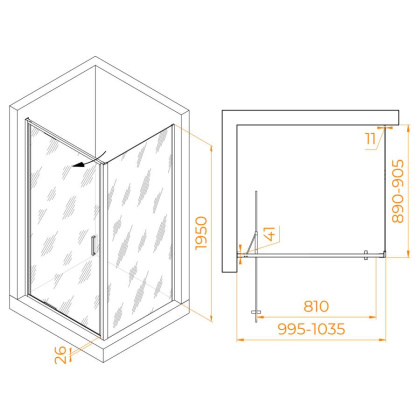 Душевой уголок 100* 90*195 RGW SV-145 (SV-05 + Z-050-2) Прямоуг./Хром/Прозрачное/8 мм (Easy)