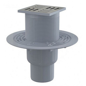 Сливной трап 105×105/50/75 мм прямой сток, решетка из нержавеющей стали, гидрозатвор мокрый