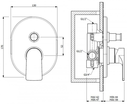 LAGOS-VDIM-01 Встраиваемый однорычажный смеситель для душа с переключателем на 2 выхода, исполнение хром