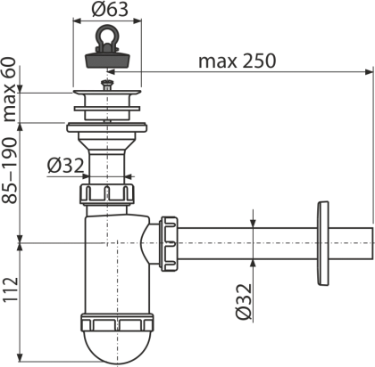 Сифон для умывальника DN32 с пластмассовой peшeткой DN63