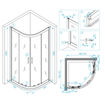 Душевой уголок RGW HO-51, 03065188-11, 80 х 80 x 195 см, четверть круга, дверь раздвижная, стекло прозрачное, хром
