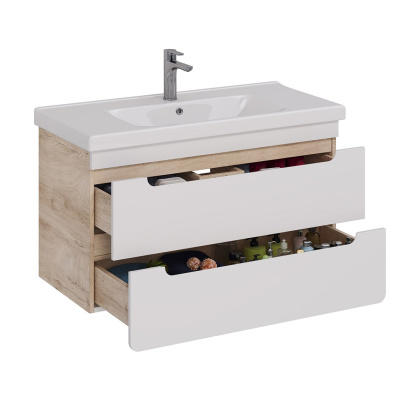 Тумба Lemark OLIVIA 100см под 1 раковину, подвесная, 2 ящика, цвет корпуса: Дуб кантри, цвет фасада: Белый глянец Тумба Lemark OLIVIA 100см под 1 раковину, подвесная, 2 ящика, цвет корпуса: Дуб кантри, цвет фасада: Белый глянец
