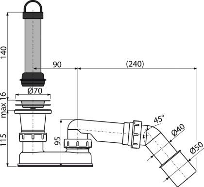 Сифон для душевого поддона с гидрозатвором и коленом