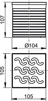 Горло сливного трапа, решетка 105x105 мм нержавеющая сталь