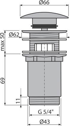 Донный клапан сифона для умывальника CLICK/CLACK 5/4", цельнометаллический с переливом и большой заглушкой, GOLD-мат