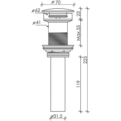 Донный клапан без перелива с хромированной накладкой с системой "Click-Clack" Донный клапан без перелива с хромированной накладкой с системой "Click-Clack"