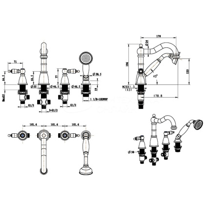 Смеситель врезной 4 отв. ROYAL CRYSTAL, золото_Комплект Смеситель врезной 4 отв. ROYAL CRYSTAL, золото_Комплект