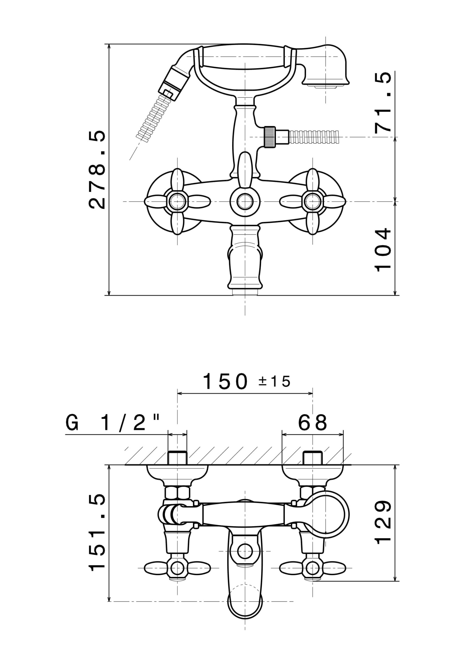 Смеситель для ванны MUSE настенный с переключателем, хром глянец