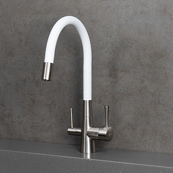 Смеситель для кухни с гибким изливом, с подключением к фильтру питьевой воды, латунь/никель/белый