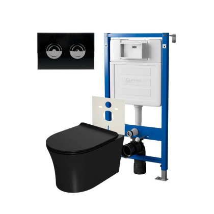 Сет: Система инсталляции пневматическая Point Элемент П для подвесного унитаза PN45121 + Клавиша смыва для пневматической инсталляции Point Венера, установка в стену, черный/хром, PN44071BC + Унитаз подвесной Point Вега безободковый, чёрн мат, PN41711BM