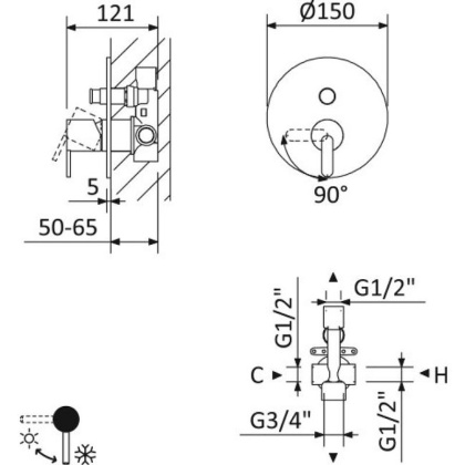 LEAF-VDIM-01 Встраиваемый однорычажный смеситель на 2 выхода, исполнение хром