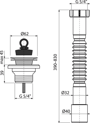 Гибкое соединение 5/4"×32/40 пластмасса + Донный клапан сифона для умывальника 5/4" с нержавеющей peшeткой DN63