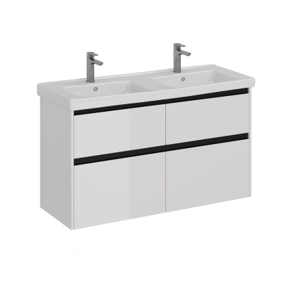Тумба Lemark COMBI 125см под 2 раковины, подвесная/напольная,4 ящика, цвет планки: Чёрный, цвет корпуса, фасада: Белый глянец Тумба Lemark COMBI 125см под 2 раковины, подвесная/напольная,4 ящика, цвет планки: Чёрный, цвет корпуса, фасада: Белый глянец