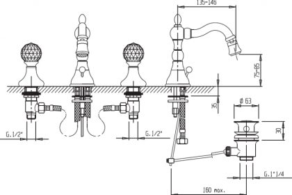 Смеситель ATLANTIS-BBS2-03/24-Sw Исполнение: Золото 24 карат, Ручки: Swarovski 