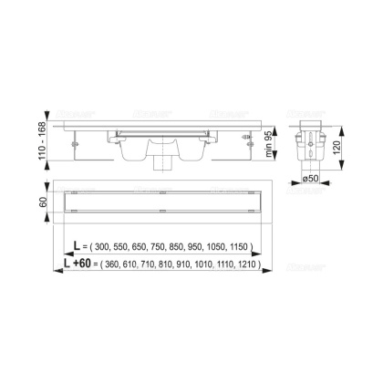 Водоотводящий желоб с порогами для цельной решетки, вертикальный сток