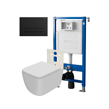 Сет: Система инсталляции Point Элемент для подвесного унитаза PN45120 + Клавиша смыва для инсталляции Point Меркурий, черная матовая, PN44831BM + Унитаз подвесной Point Меркурий безободковый, сиденье дюропласт микролифт, быстросъем, белый матовый PN41831W