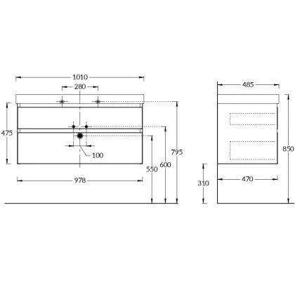 Тумба CUBO подвесная с ящиками 100, Мальва матовая CU.100\MAL