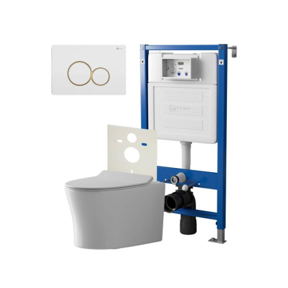 Сет: Система инсталляции Point Элемент для подвесного унитаза PN45120 + Клавиша смыва для инсталляции Point Виктория, белая/золото, PN44061WG + Унитаз подвесной Point Вега безободковый, сиденье микролифт PN41711