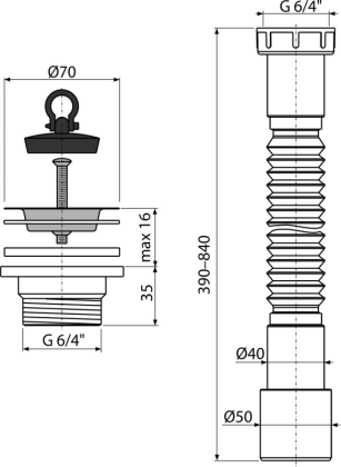 Гибкое соединение 6/4"×40/50 пластмасса + Донный клапан сифона для мойки 6/4" с нержавеющей peшeткой DN70