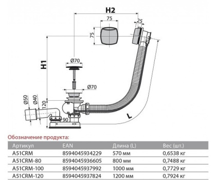 Сифон для ванны автомат комплект, хром