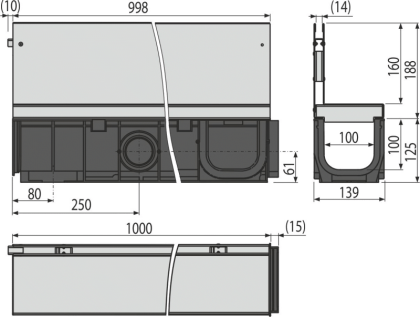 Щелевой дренажный канал с асимметричной надставкой 160 мм, оцинкованная сталь 