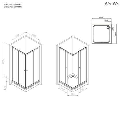W87G-403-9090-BТ Sunny Душевое ограждание квадратное, раздвижные двери 90x90 черный,стекло прозрачное