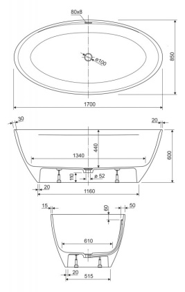 TITAN-OVAL-170-85-57 Ванна из литьевого мрамора Цвет Белый 