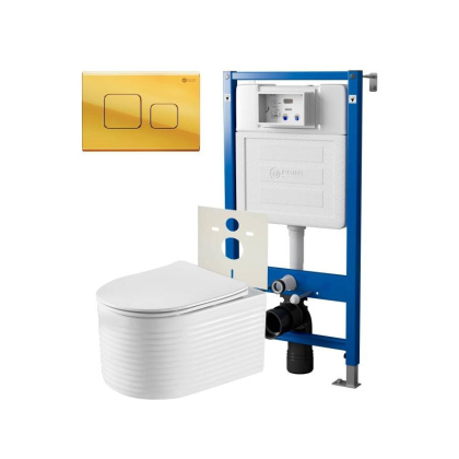Сет: Система инсталляции Point Элемент для подвесного унитаза PN45120 + Клавиша смыва для инсталляции Point Афина, золото, PN44041G + Унитаз подвесной Point Омега безободковый, белый, сиденье дюропласт, микролифт быстросъемное PN41902
