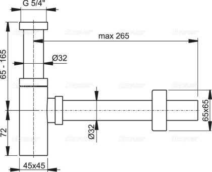 Сифон для умывальника DN32 DESIGN цельнометаллический, квадратный