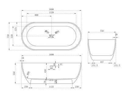Ванна из литьевого мрамора Abber Stein 160х75 AS9613-1.6