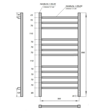 Полотенцесушитель электрический Point Вега PN71850 П12 500x1000, диммер справа, хром