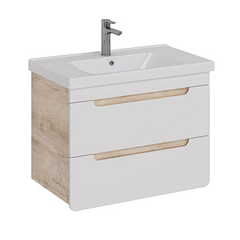 Тумба Lemark OLIVIA 80см под 1 раковину, подвесная, 2 ящика, цвет корпуса: Дуб кантри, цвет фасада: Белый глянец